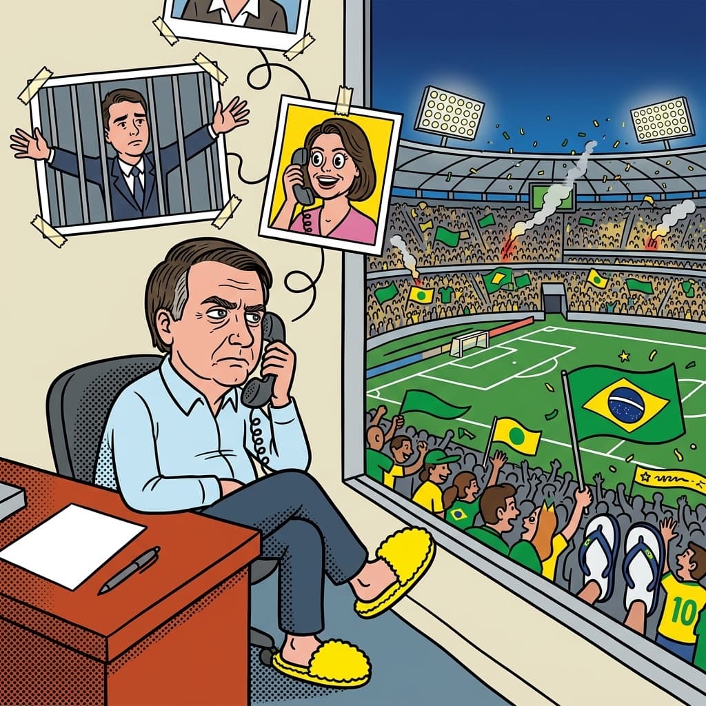A politician takes a phone call beside a packed football stadium.