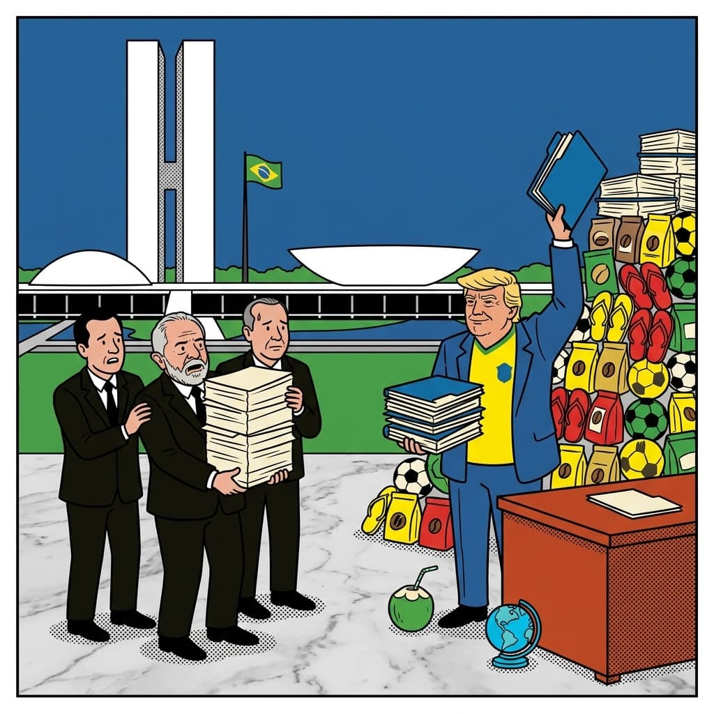 Officials exchange towering stacks of documents in Brasília.