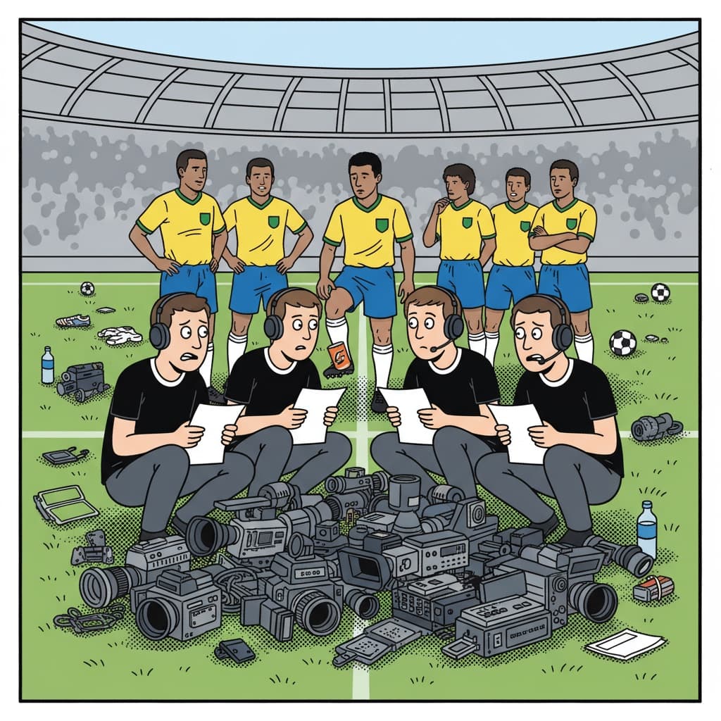 The 1994 Brazil squad poses amid a comically crowded press scrum.