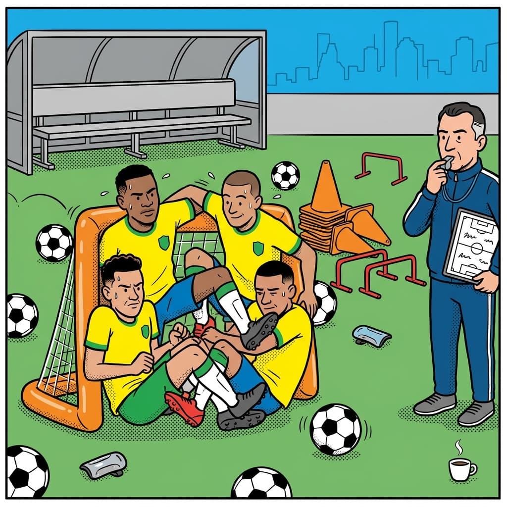 Brazilian footballers pile into a tiny goal during World Cup training.