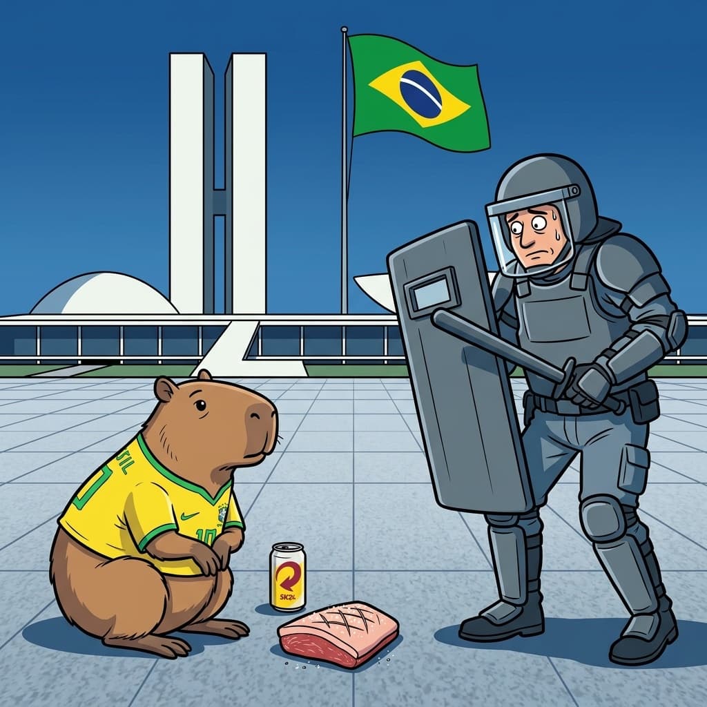 A calm capybara faces an overdressed riot officer in Brasília.