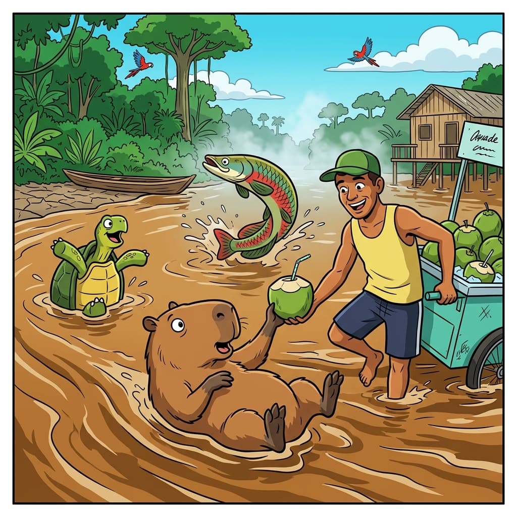 Capybaras and a coconut vendor float through returning Amazon floodwater.