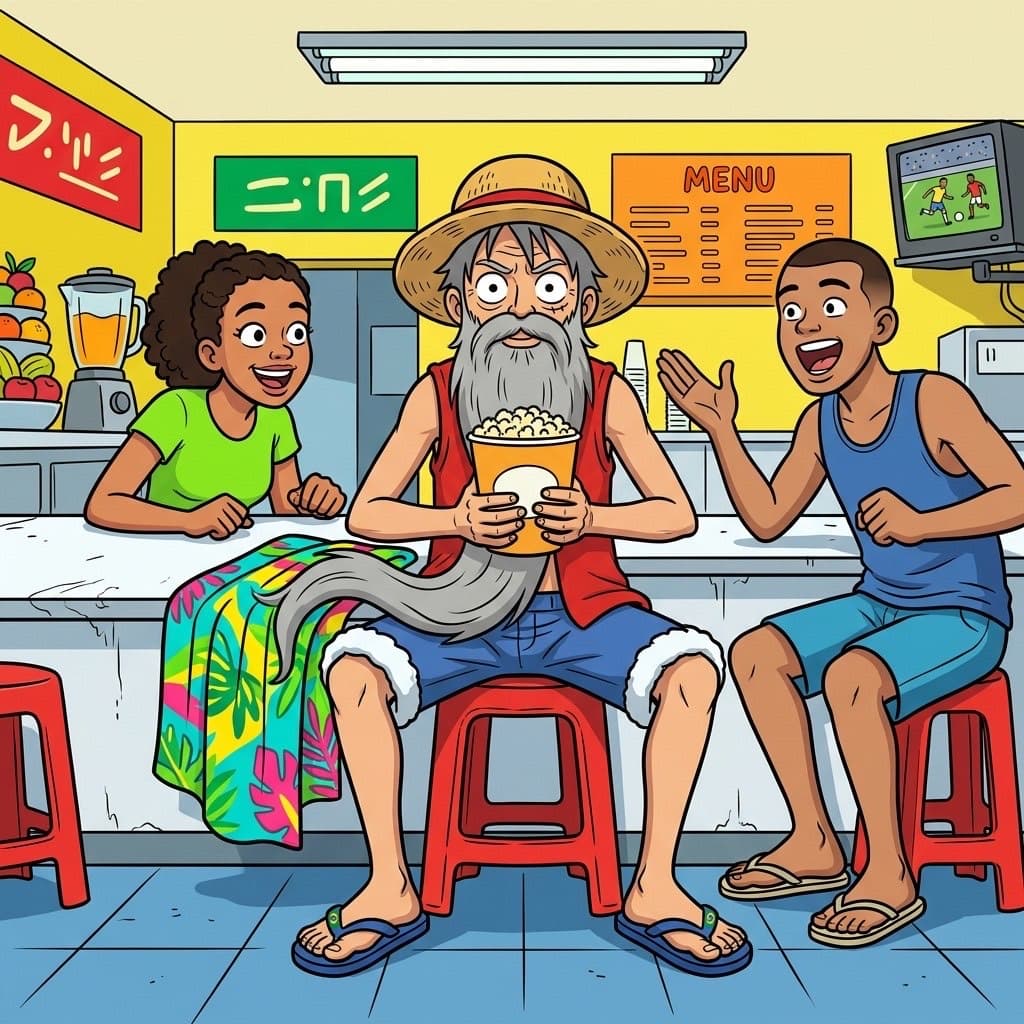 An elderly man in a straw hat holds popcorn at a Brazilian juice bar while two friends react.