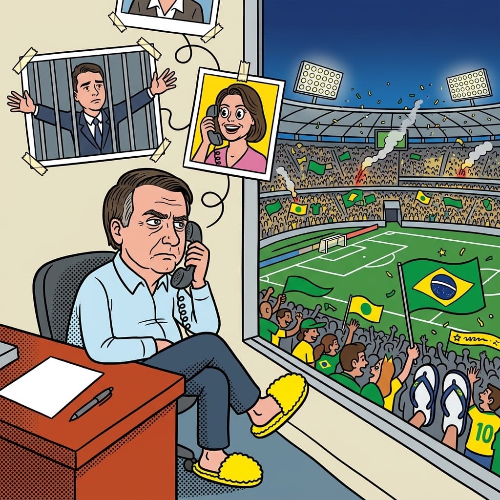 A politician takes a phone call beside a packed football stadium.