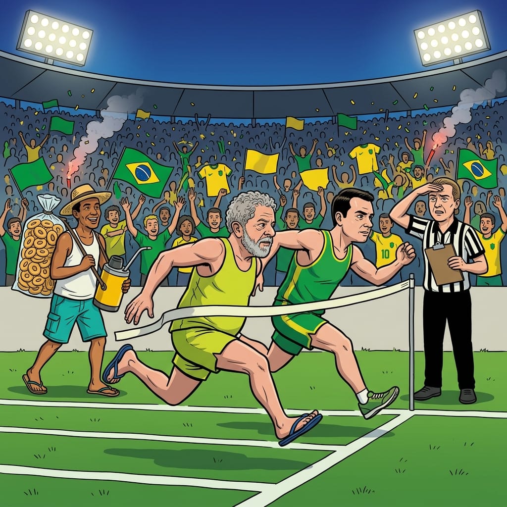 Lula and Flávio Bolsonaro race across a finish line.