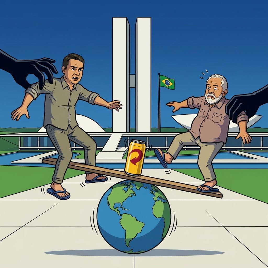 Two Brazilian politicians balance on a seesaw above a globe outside Congress as shadowy hands reach toward them.