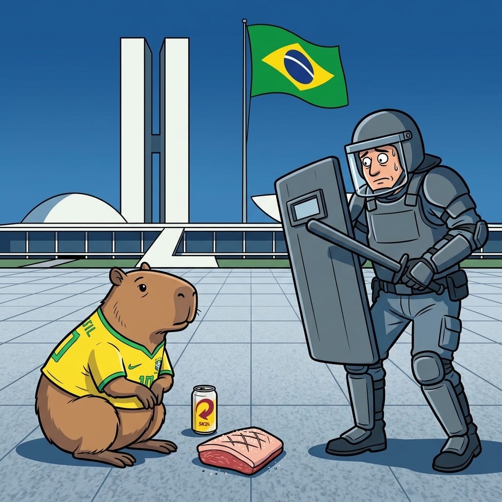A calm capybara faces an overdressed riot officer in Brasília.